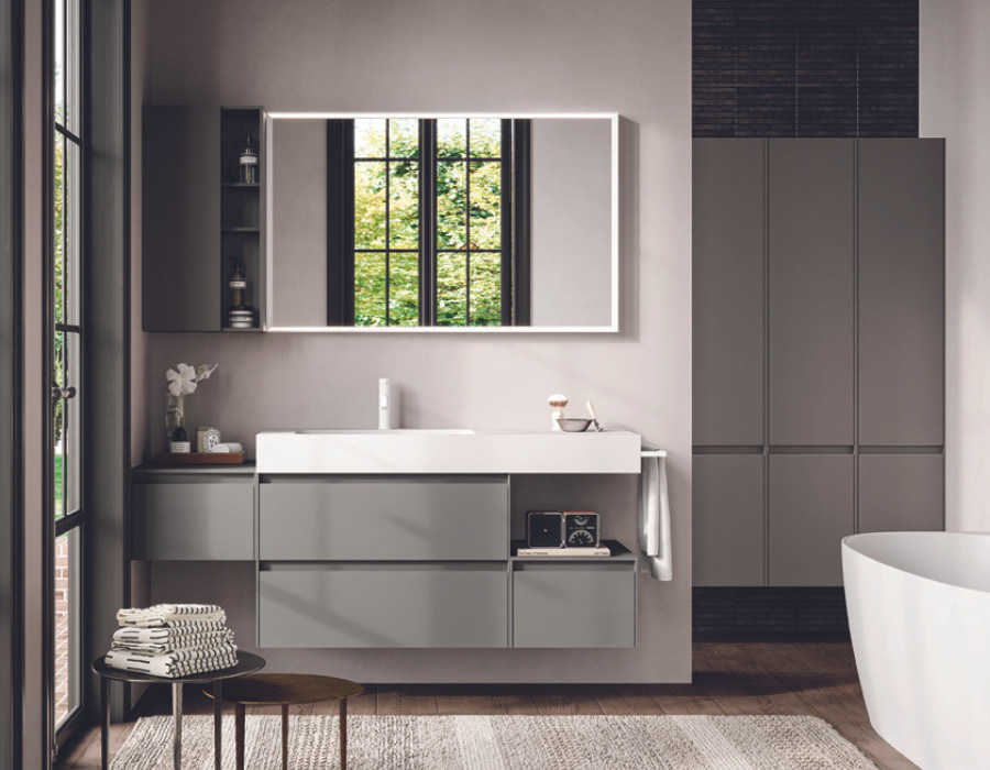 Bagno moderno grigio laccato malta con top bianco e lavabo integrato